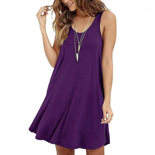 

women's casual swing simple t-shirt loose dress ladies summer sleeveless o neck solid color dresses, Black;gray