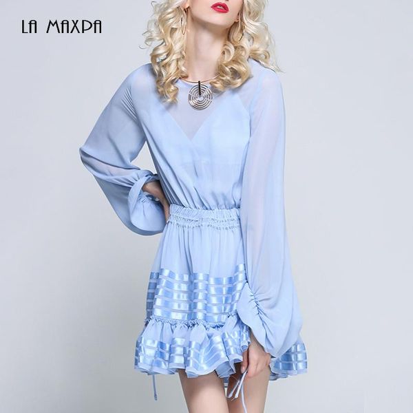 

black two-piece set women's o neck lantern sleeve ruffled high waist mini dress 2021 summer casual suit dresses, Black;gray