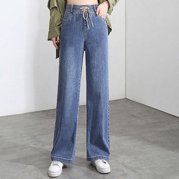 

denim wide leg pants spring elastic slim casual women's drawstring, Blue