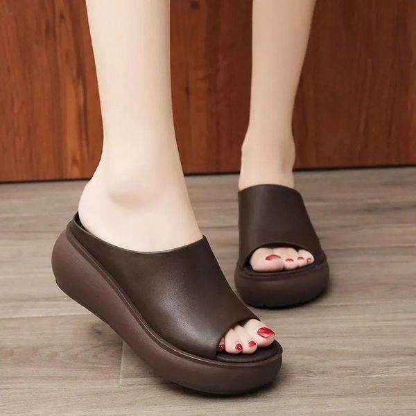 

slippers thick bottom women summer outdoor beach pu leather slides female vintage peep toe platform sandals 2021, Black