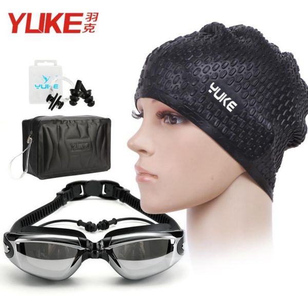 

swimming caps swim goggles cap set 4 in 1 uv protection lenses clear anti fog waterproof no leaking nose clip ear plugs adult