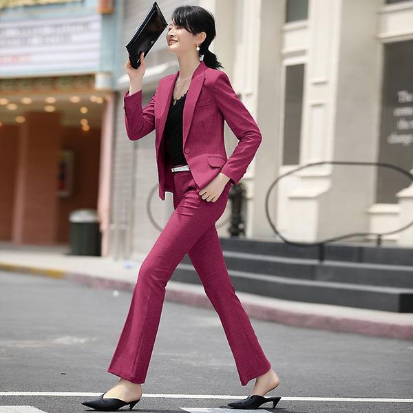 

women's suits 2021 autumn solid color temperament professional west decoration body waist bell pants two-piece suit two piece, White