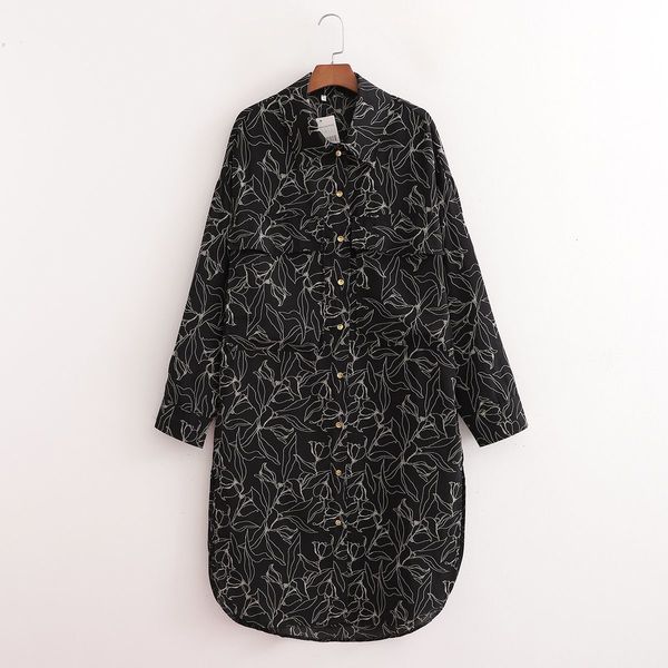 

dresses 2021 women printed oversized shirt-style sleeves midi casual fashion elegant loose chic long woman es, Black;gray