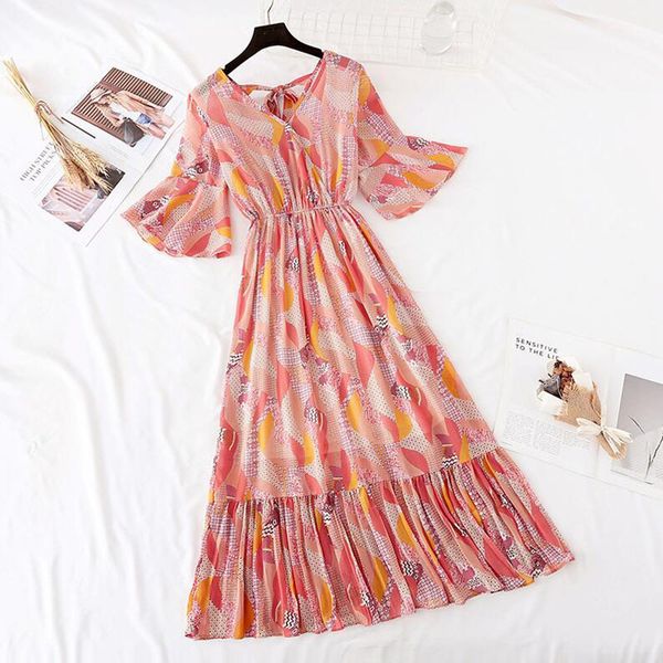 

dresses fashion print floral midi women summer short sleeve ruffled ladies elegant v neck vintage vestidos femme, Black;gray