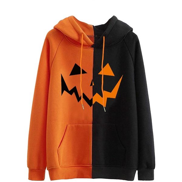 

smiley pattern comfortable women's hoodie halloween pattern sweatshirt color block orange and black patchwork sweatshirt long sleeve pu