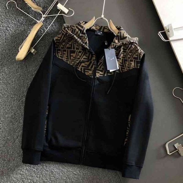 

2021 winter fd men's color blocking full flower letter versatile plush warm hooded zipper sweater coat men's[completed on december, Black