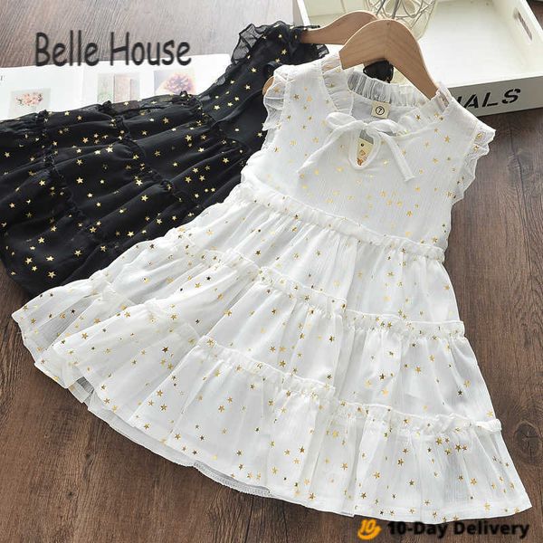 Novas meninas de verão mini v pescoço manga curta algodão plissado arco 2021 branco preto estelar padrão ocidental estilo princesa vestido q0716