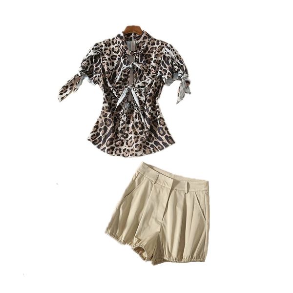 

two piece dress summer european and american catwalk same strap short-sleeved leopard shirt + short two-piece suit gd5r, White