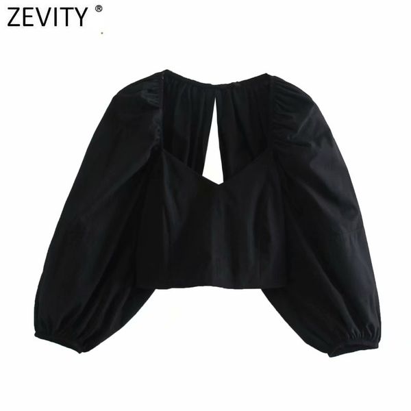 

zevity women v neck back hole poplin short smock blouse femme lantern sleeve slim shirt chic elastic blusas ls9065 210419, White