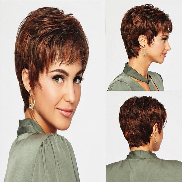 

ladies short straight dark brown wig with side part bangs nature looking for women daily party use heat resistant fiber wigs, Black