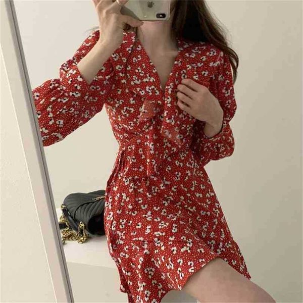 

elegance korean retro stylish v-neck printed ruffles vintage high street women chic mini dresses vestidos 210525, Black;gray