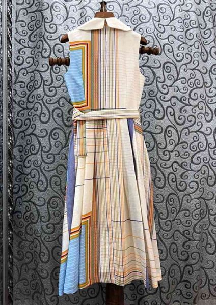 

dress 100%linen summer style women notched collar striped print belt patchwork sleeveless mid-calf length vintage dress ol, Black;gray