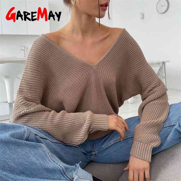 

women's oversize sweater knitted autumn winter v neck blue thick knit jumper long sleeve white warm sweaters for women 210806, White;black