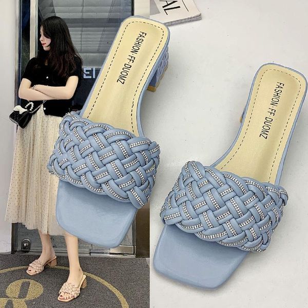 

slippers med square toe block heel shoes low casual slipers women slides luxury 2021 rubber rome fabric fashion basic pu hoof, Black