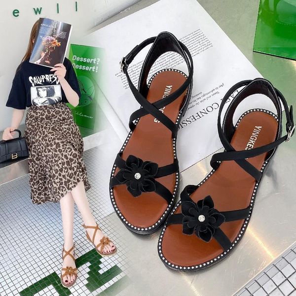 

38 39 40 woman fashion flower casual beach shoes wedge sandals female flat women summer peep toe dress ladies 2021, Black
