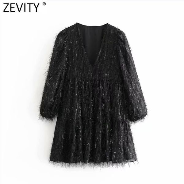 

zevity women vintage v neck shinning tassel decoration black mini dress femme pleat puff sleeve chic vestido clothing ds4894 210419, Black;gray