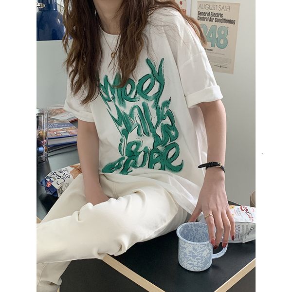 

T-shirt Huang Zheng letter printed short sleeve T-shirt for women 2021 summer Korean loose top with base coat t28539, White