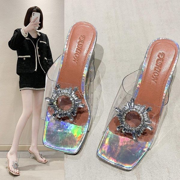 

women slippers pvc transparent high heels square toe fashion rhinestone bowtie wedding party shoes for lady sandals, Black