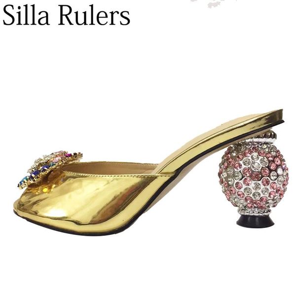 

slippers luxurious crystal gold genuine leather women rhinestone ball heels summers mules woman peep toe zapatos mujer 2021, Black