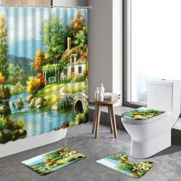 

shower curtains oil painting landscape country town decor waterproof fabric bathroom carpet toilet lid bath mats anti-slip rugs