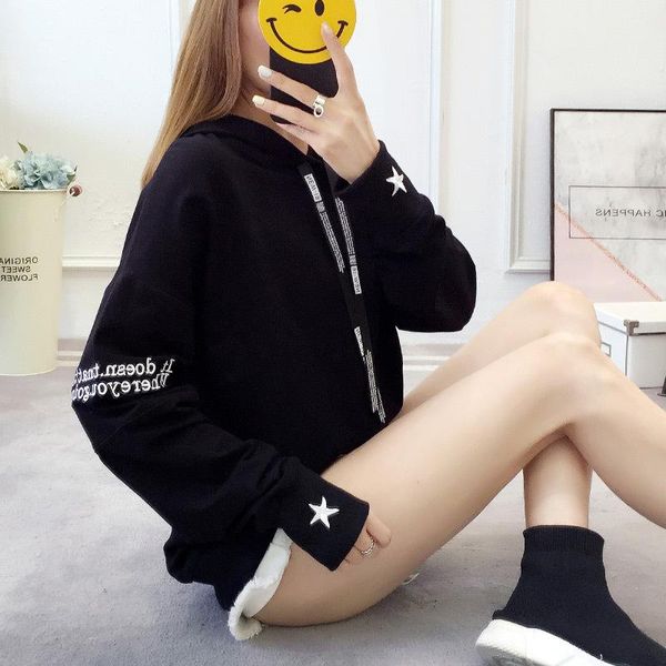 

women's hoodies & sweatshirts thin type casual letter embroidery hooded long sleeve pullovers loose cotton, Black