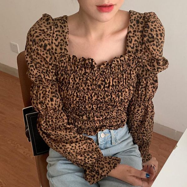 

women's blouses & shirts [ewq] korea chic blouse autumn 2021 square collar leopard folds slim long flare sleeve shirt female fashion 16, White