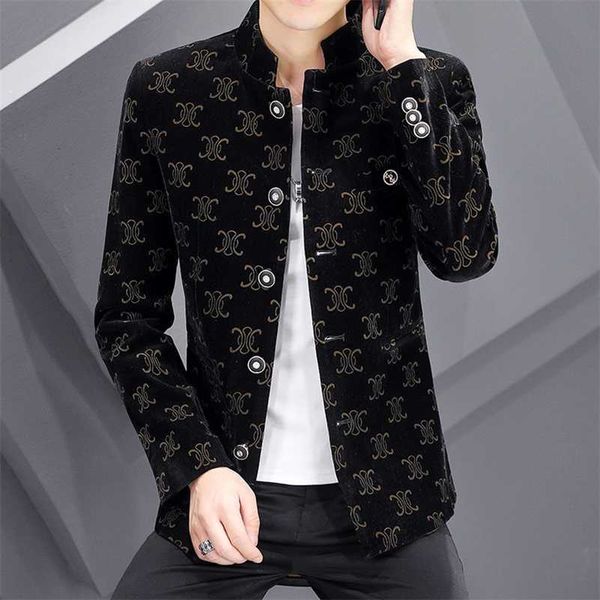 

corduroy suit mens personality korean slim fit printed casual suit stand collar mens blazer vintage blazers para hombre 211120, White;black