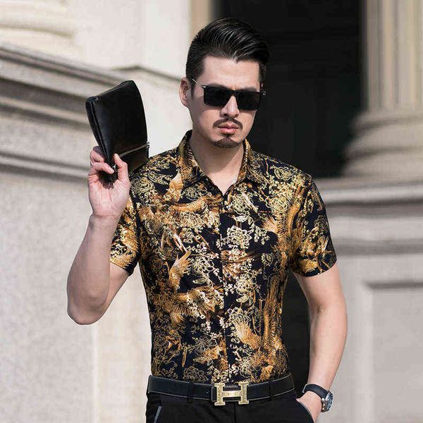 

2021 summer middle-aged men's short sleeve printed large inch thin dad's gold flower shirt, White;black
