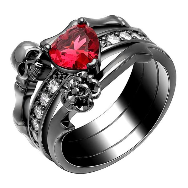 

wedding rings black gold color ring set red heart cz skull flower engament fashion jewelry for women, Slivery;golden