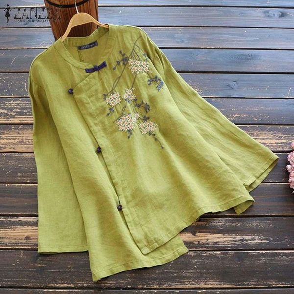 

women's blouses & shirts 2021 autumn floral embroidery asymmetrical zanzea women long sleeve cotton linen blouse blusas female tunic s, White