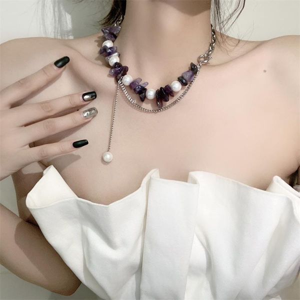 

pendant necklaces origin summer exaggerated irregular purple stone chokers necklace for women imitation pearl chunky chain jewellery, Silver