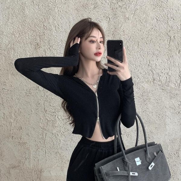 

women's t-shirt hooded zipper women t-shirts solid v-neck cotton long-sleeved short high waist all match female cardigan, White