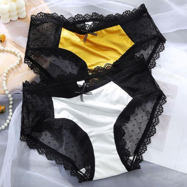 

women's panties mid-waist ice silk underwear women lace charming transparent temptation breathable silky cotton briefs thin, Black;pink