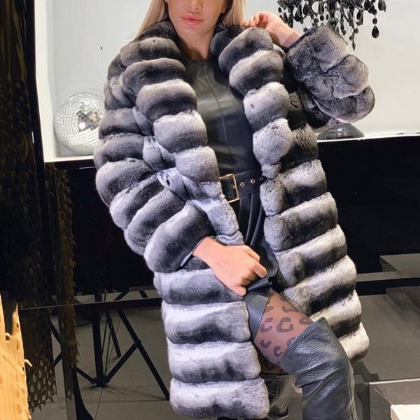 

women's fur & faux 90cm long real coats natural women 2021 full pelt chinchilla color rex coat turn-down collar, Black