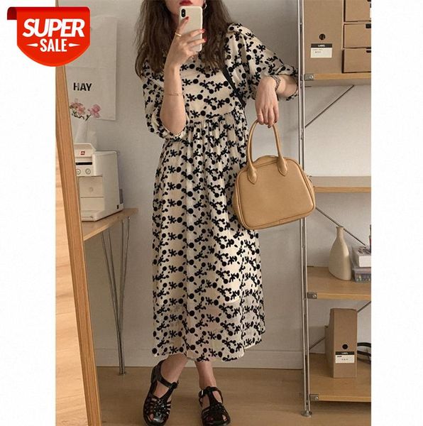 

french retro puff sleeve flocking flower dress #m63l, Black;gray