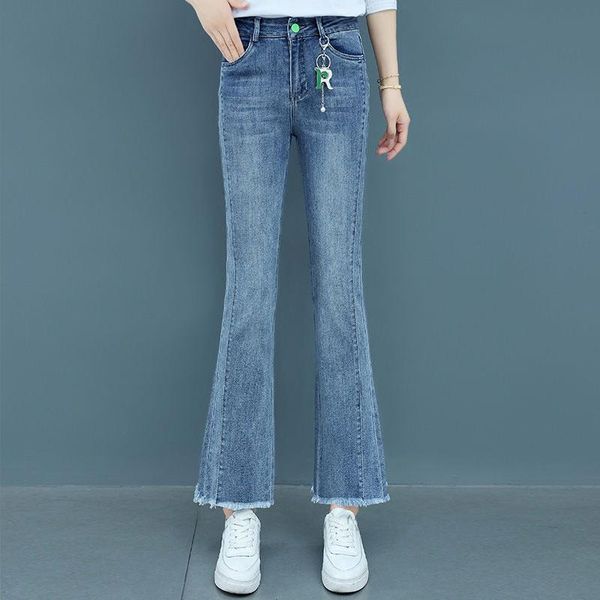 

spring autumn women elastic jeans female loose casual full length flare pants lady slim thin long trouser kk0103 women's, Blue