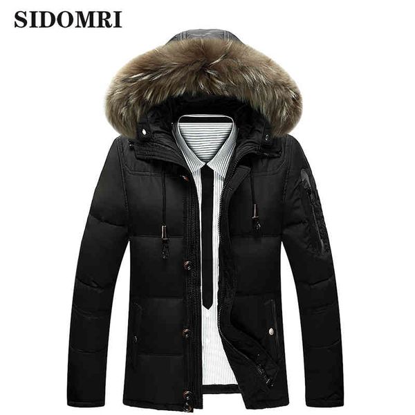 

winter jacket collar men fur hooded coat snow 90% white duck down outerwear thick thermal warm wool liner, Black