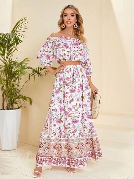 

floral print ruffle trim off shoulder crop & tie front skirt 023v#, White