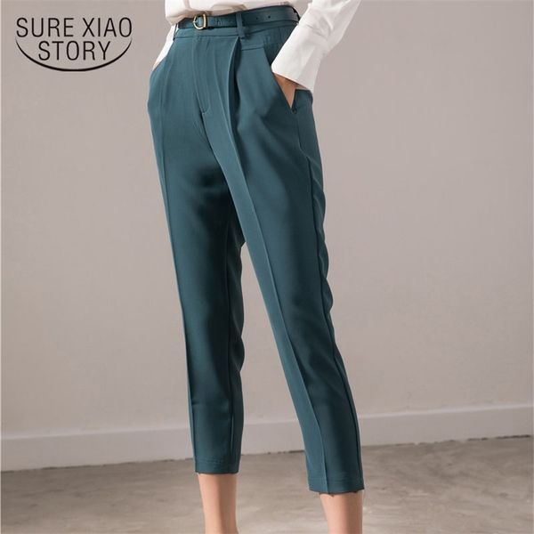 

high waist pencil pants women autumn ankle-length casual solid pocket trousers blue ladies with belt 11719 210421, Black;white