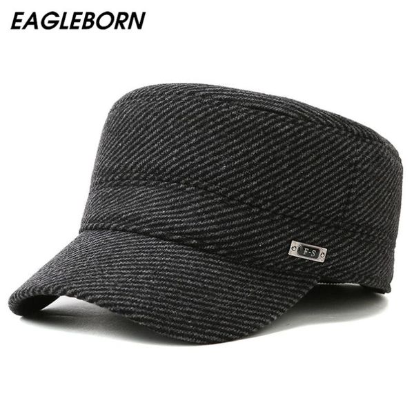 

wide brim hats winter men army hat thick striped cotton woolen ear protection warm middle-aged elderly cold for, Blue;gray