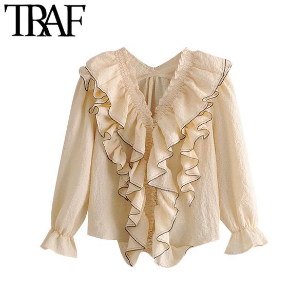 

traf women fashion with elastic trims ruffled blouses vintage v neck long sleeve female shirts blusas chic 210415, White