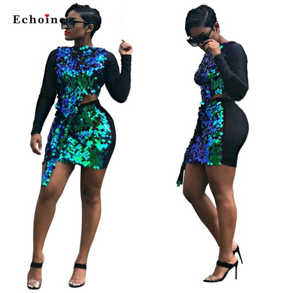 

two piece dress women pieces set charming sequined o-neck long sleeve chic lady irregular crop hem short skirt night club clothes, White