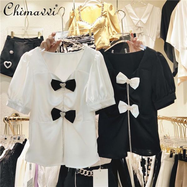 

women's blouses & shirts high street sweet elegant bow stitching love drill buckles v-neck puff sleeve blouse retro fashion chain shirt, White