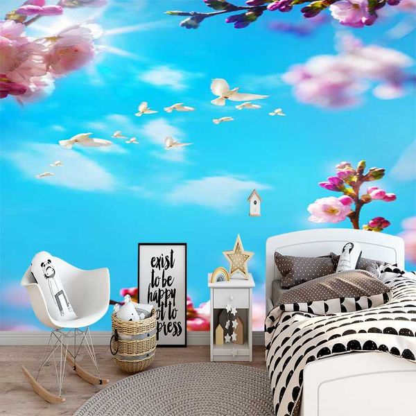 

milofi 3d custom wallpaper flock of white pigeons flying in spring flowers wallpapers