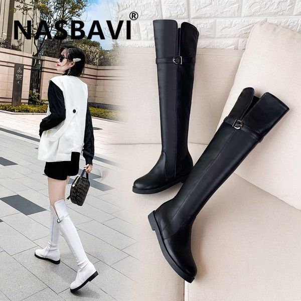 

boots nasbavi fashion winter autumn women over the knee round head solid color low-heeled belt buckle shoes long, Black