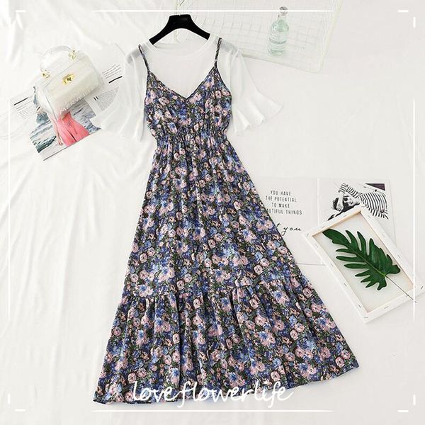 

floral print 2 piece set summer dress women bohemian chiffon sling long dress vintage short sleeve ruffles vestido 210521, Black;gray