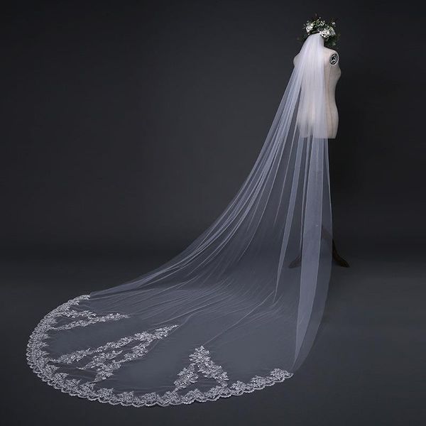 

bridal veils fishday 2021 appliqued wedding dress luxury veil lace edge long 3m velo novia white accessories woman femme with comb d30, Black