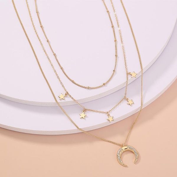 

chains fashionable simple star and moon inlaid zircon exquisite pendant necklace multi-layer sweet romantic clavicle chain, Silver