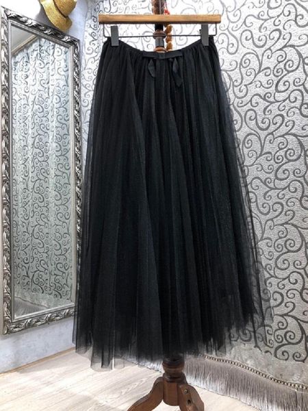 

skirts 100%cotton 2021 spring summer style skirt women bow deco tulle mesh patchwork casual red apricot ball gown, Black