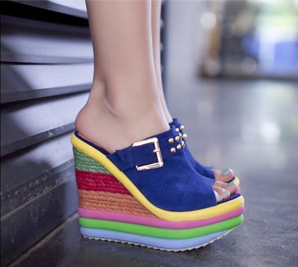

slippers summer bohemia casual rainbow peep toe platform sandals for womens wedges sandalias plataforma shoesdb76, Black
